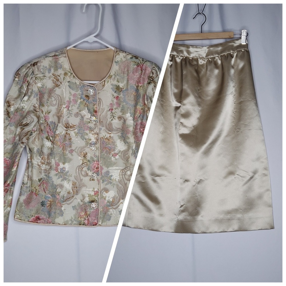Miss Elliette Vtg 60s Damask Floral Skirt Suit 12 Gold Jewel Button Old Money